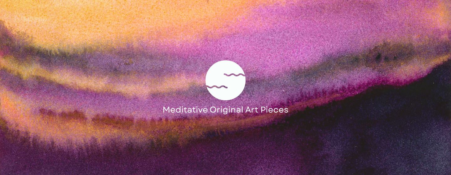 Colorful abstract artwork with a stylized moon and text 'Meditative Original Art Pieces'.