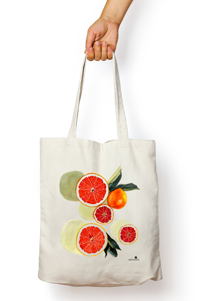Cotton tote bag with watercolor blood orange citrus design - fruit art bag by Samsara Mumbai