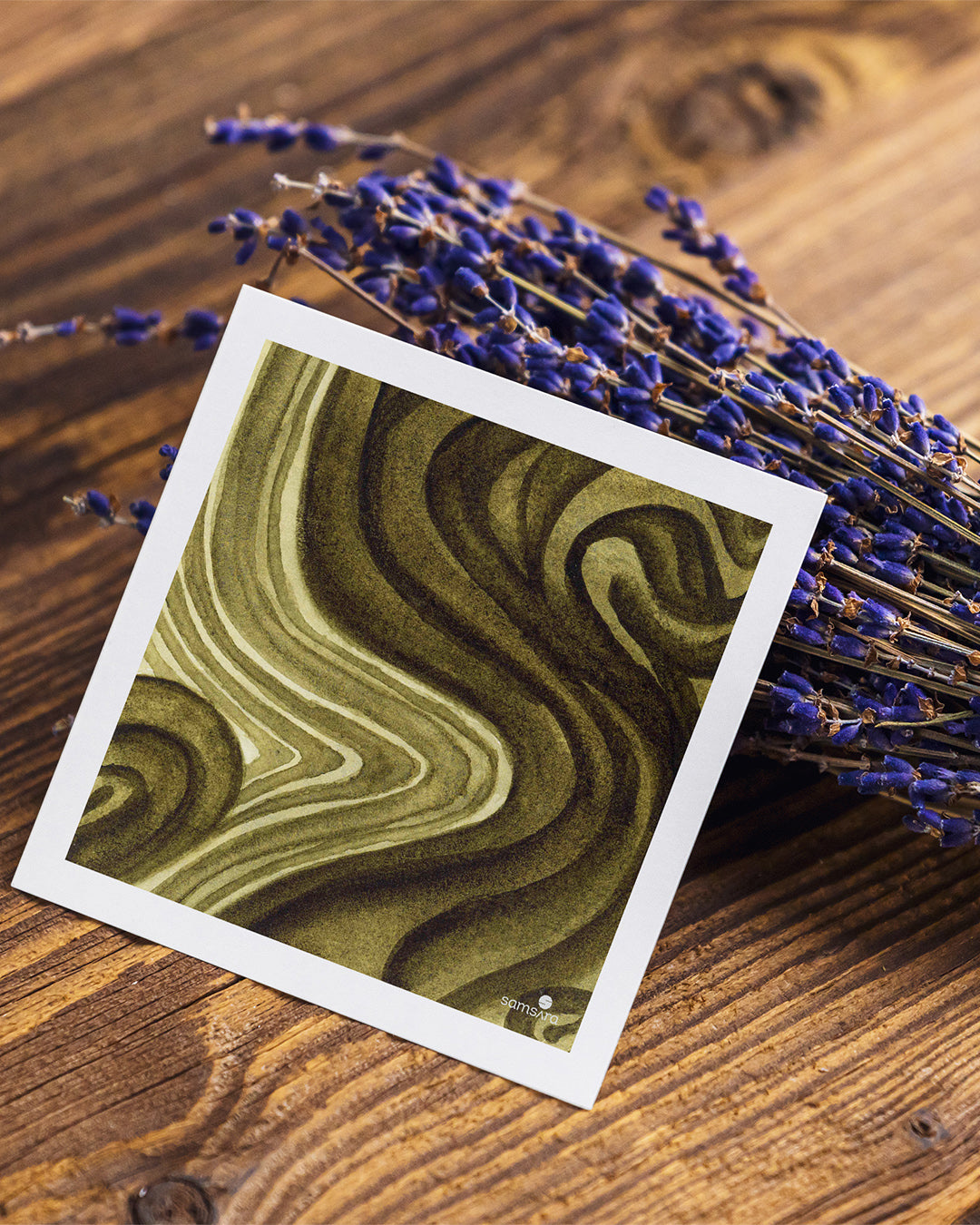 A Giclée mini art print titled Earthline, featuring swirling patterns of green and brown, presented on a neutral background.