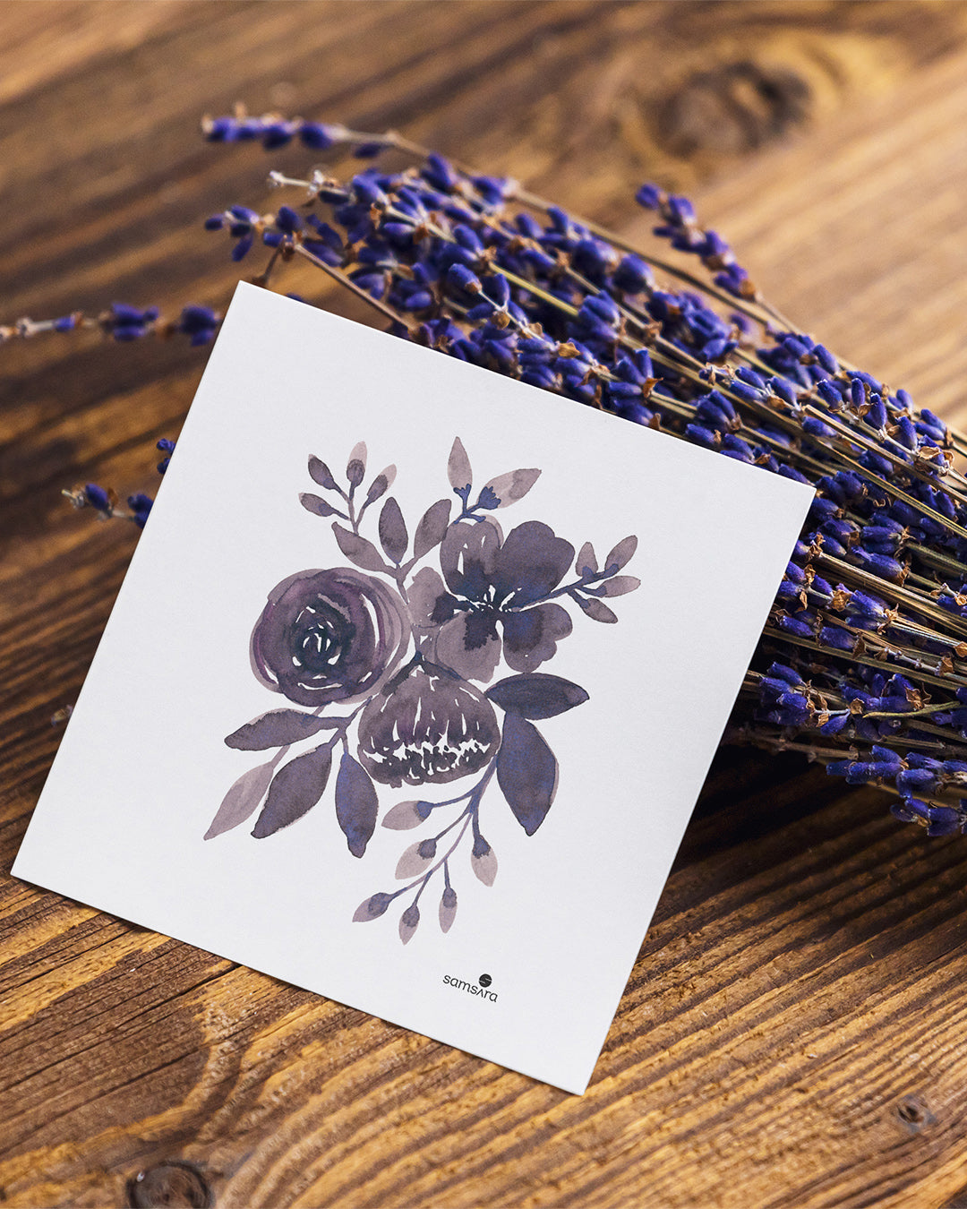 A mini art print with a monochrome floral design in shades of purple and gray.