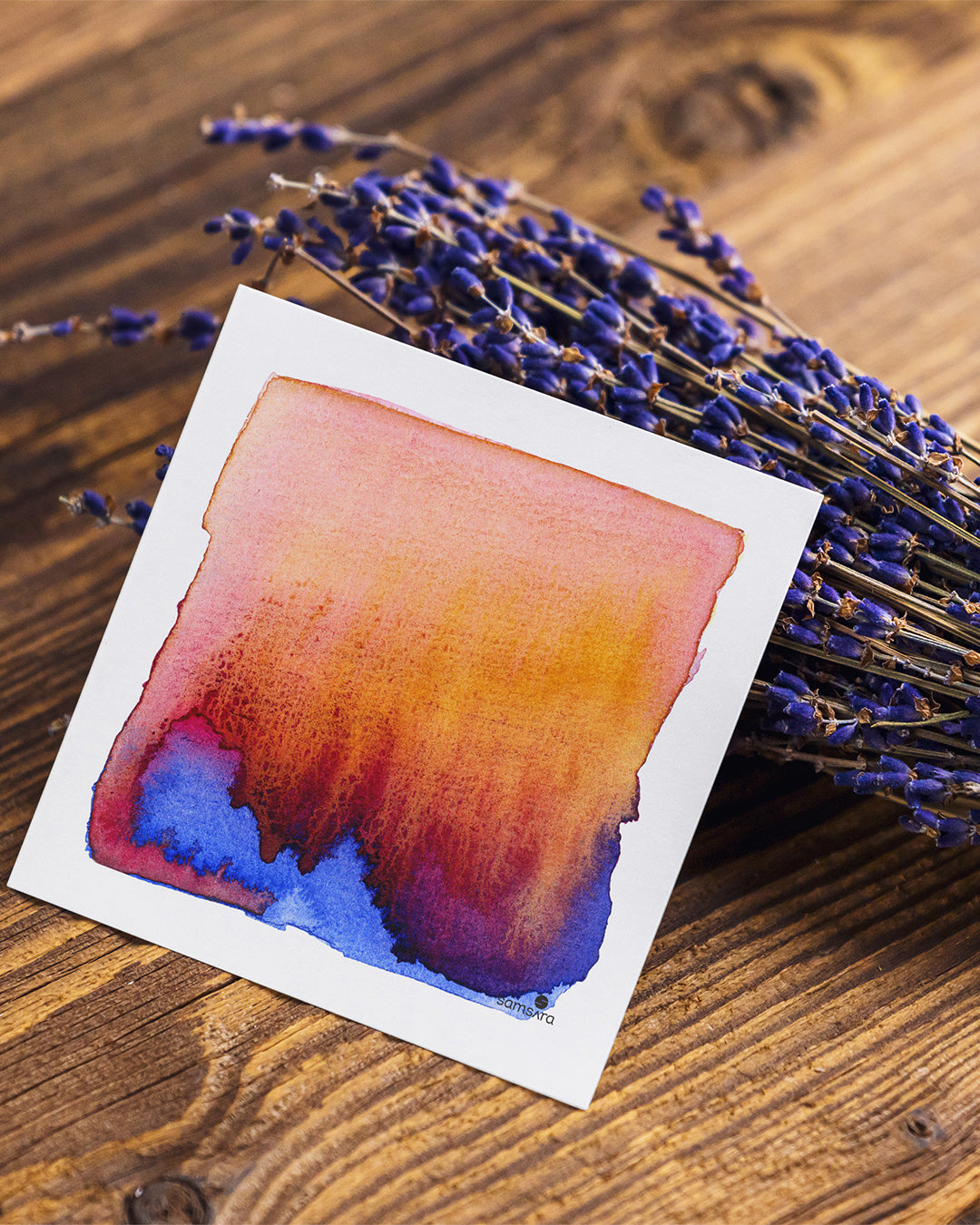 Watercolor painting on wood with lavender flowers.