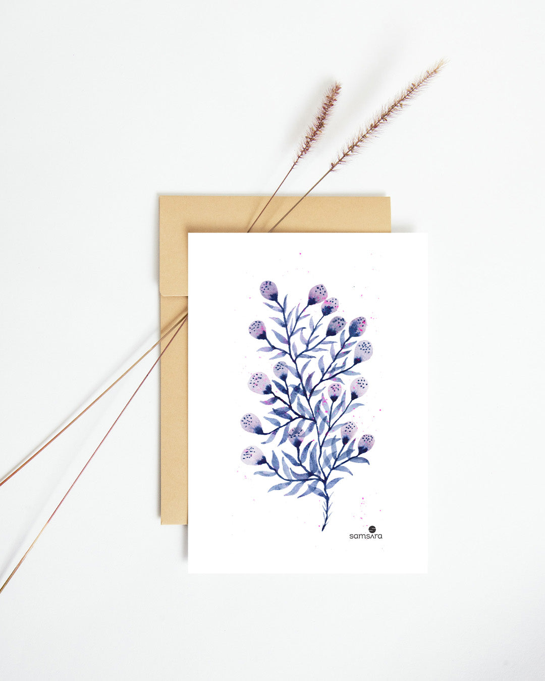 Purple pink watercolor art print with delicate floral stems - serene botanical wall art by Samsara