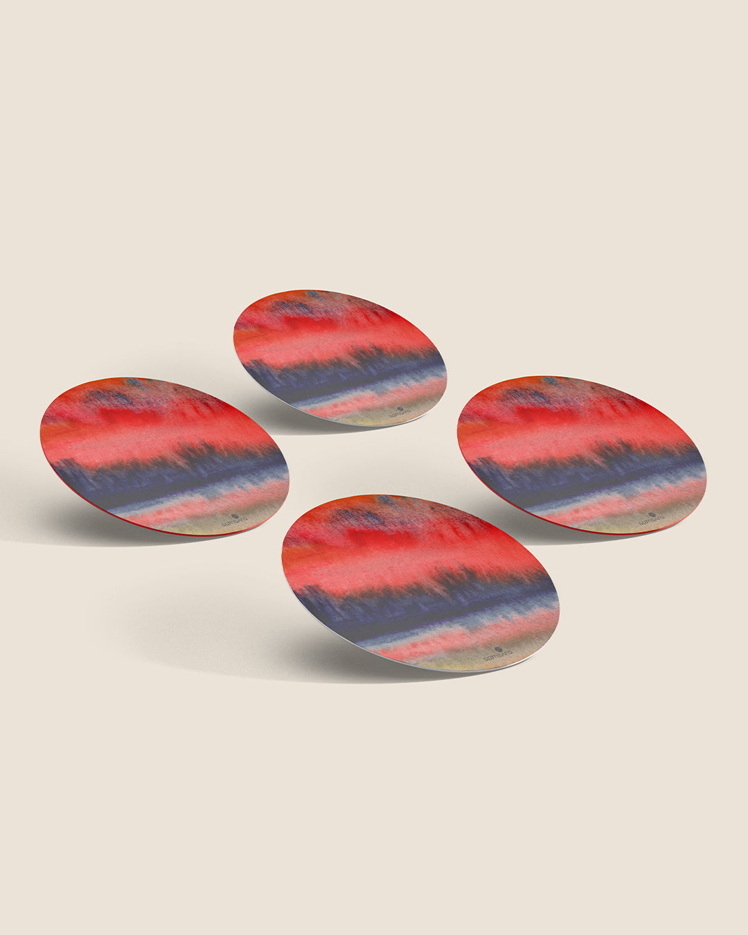 Watercolor art coasters with crimson indigo sunset horizon design - abstract nature home decor by Samsara