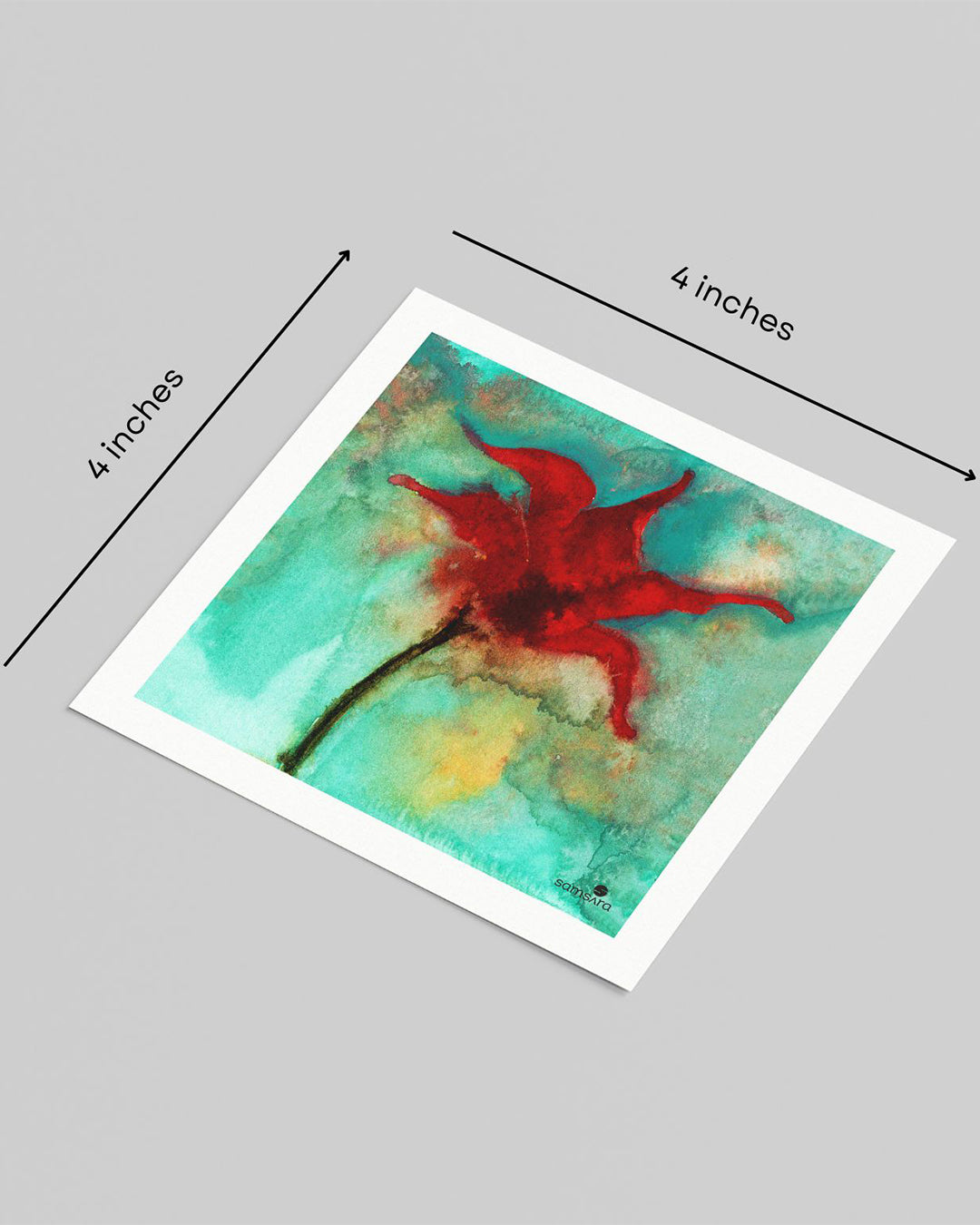Art print of a red flower on a teal background with dimensions indicated.