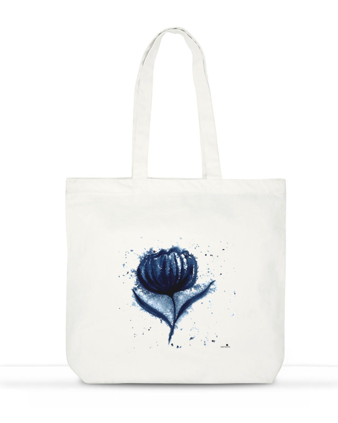 Large white cotton tote bag with indigo floral watercolor design - botanical art bag by Samsara Mumbai