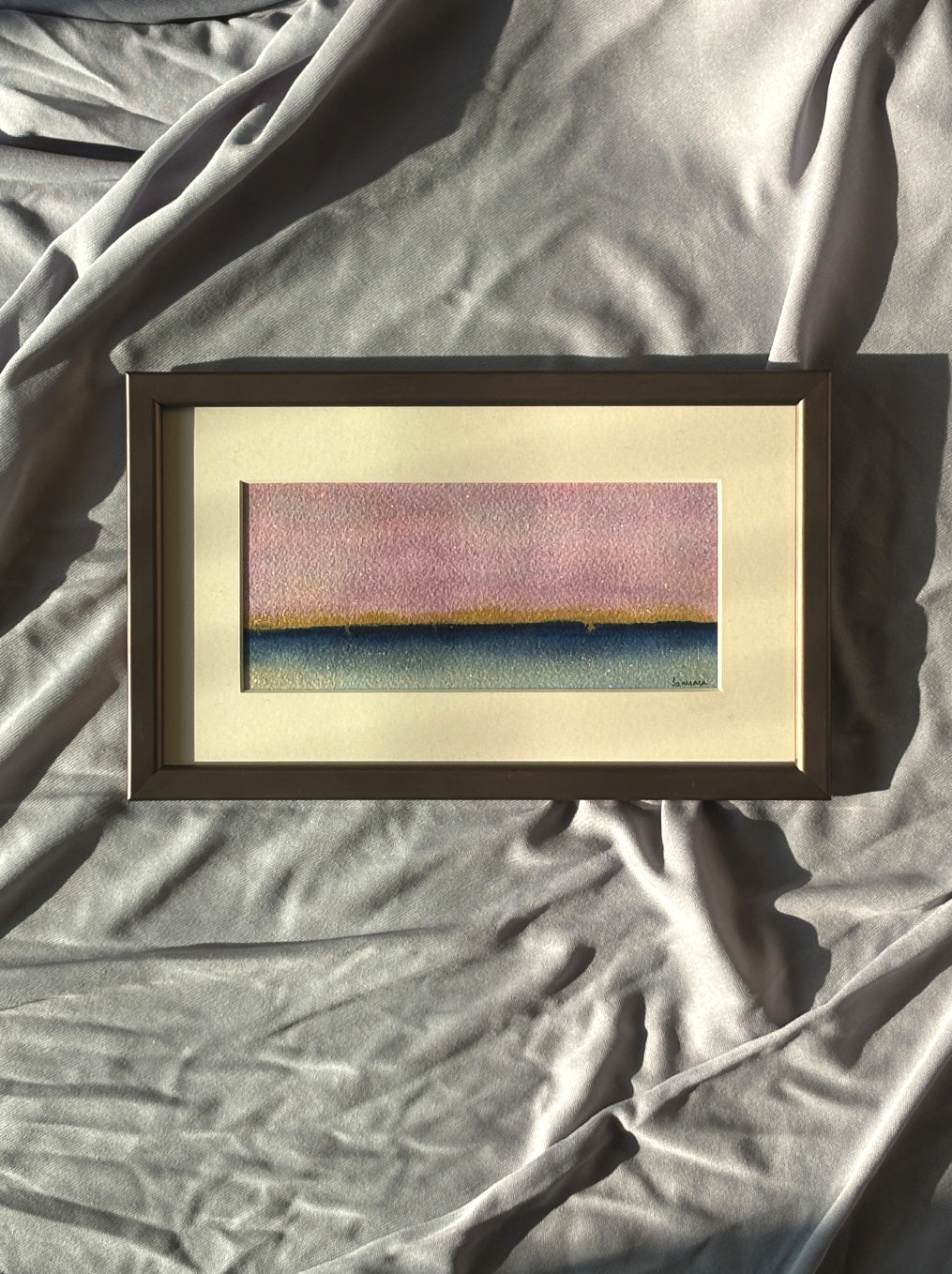Original framed watercolor painting of sunset horizon - minimalist meditation wall art by Samsara Mumbai