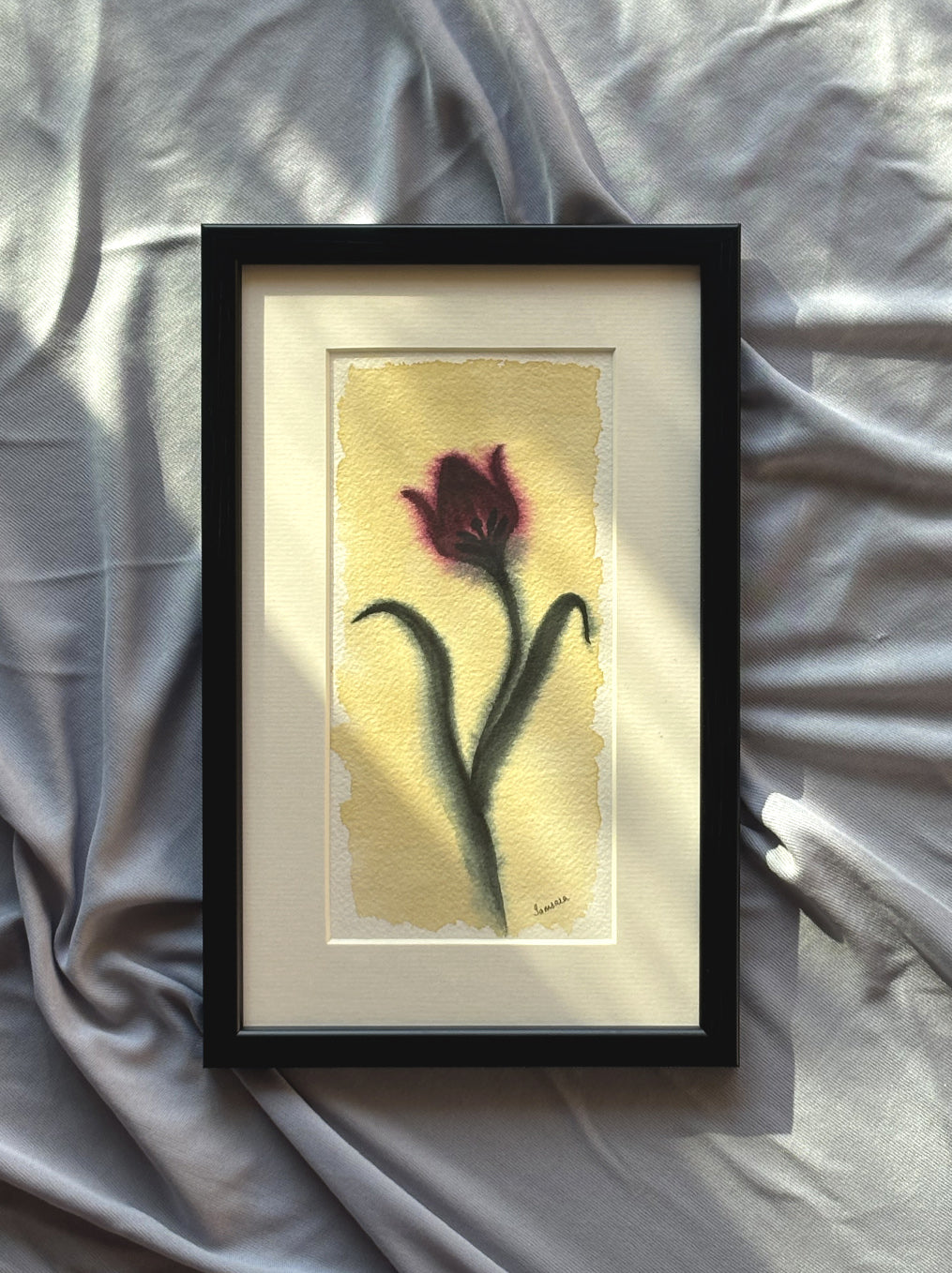Original framed watercolor painting of burgundy tulip - botanical meditation wall art by Samsara Mumbai (SOLD OUT)