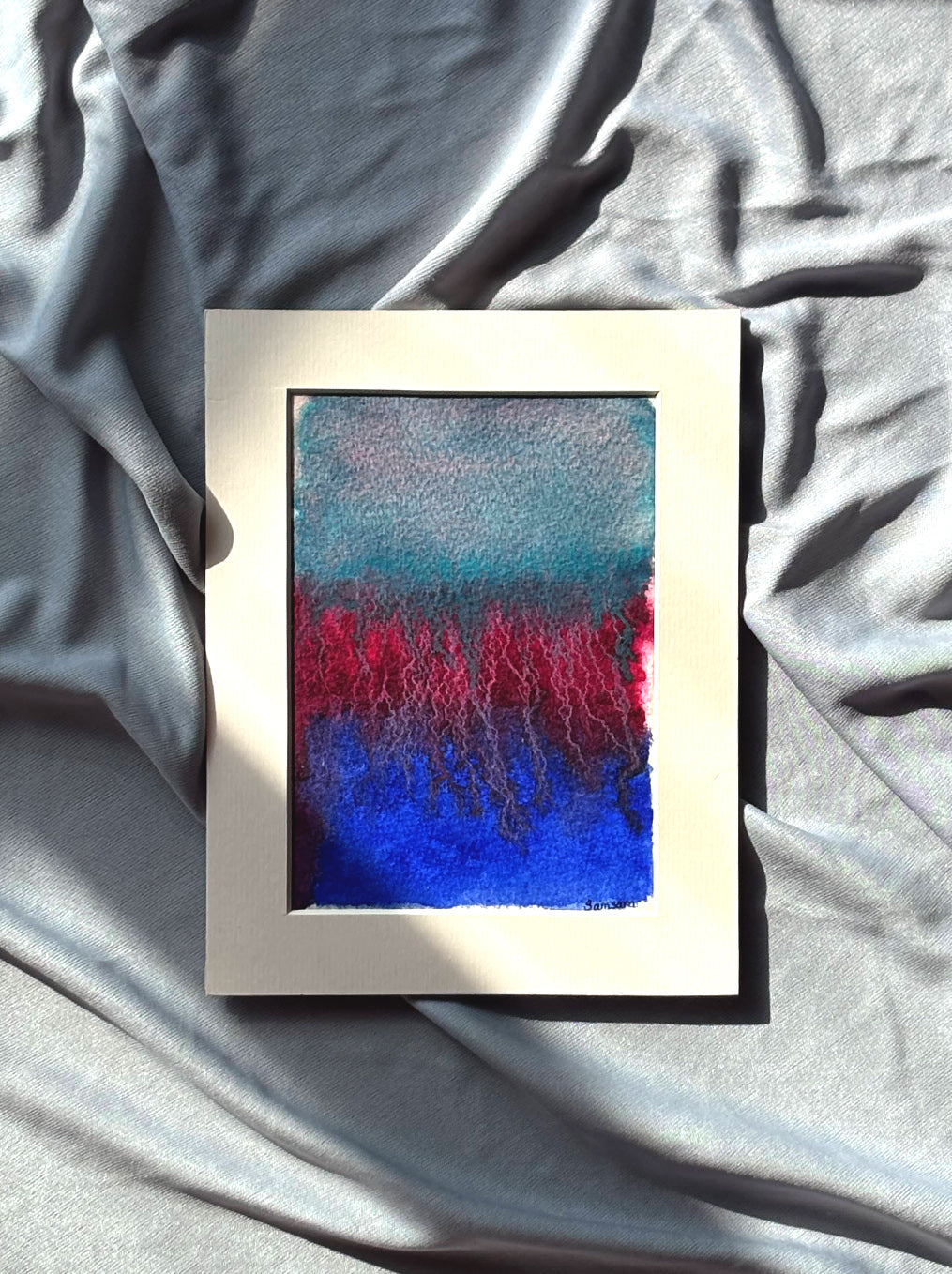 Original abstract watercolor painting with teal and crimson - music inspired meditation art by Samsara