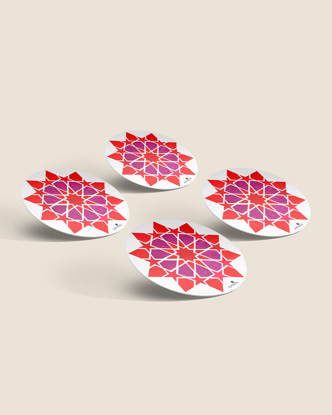 Coral pink geometric star pattern coasters with sacred mandala art - artistic home decor by Samsara Mumbai