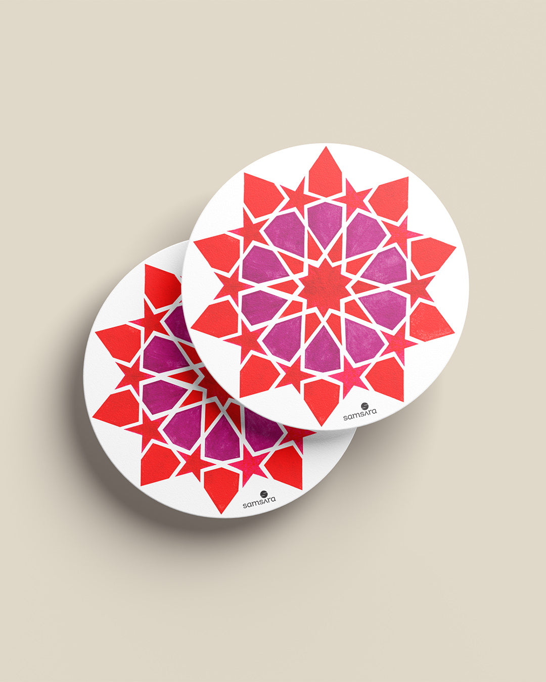 Coral pink geometric star pattern coasters with sacred mandala art - artistic home decor by Samsara Mumbai