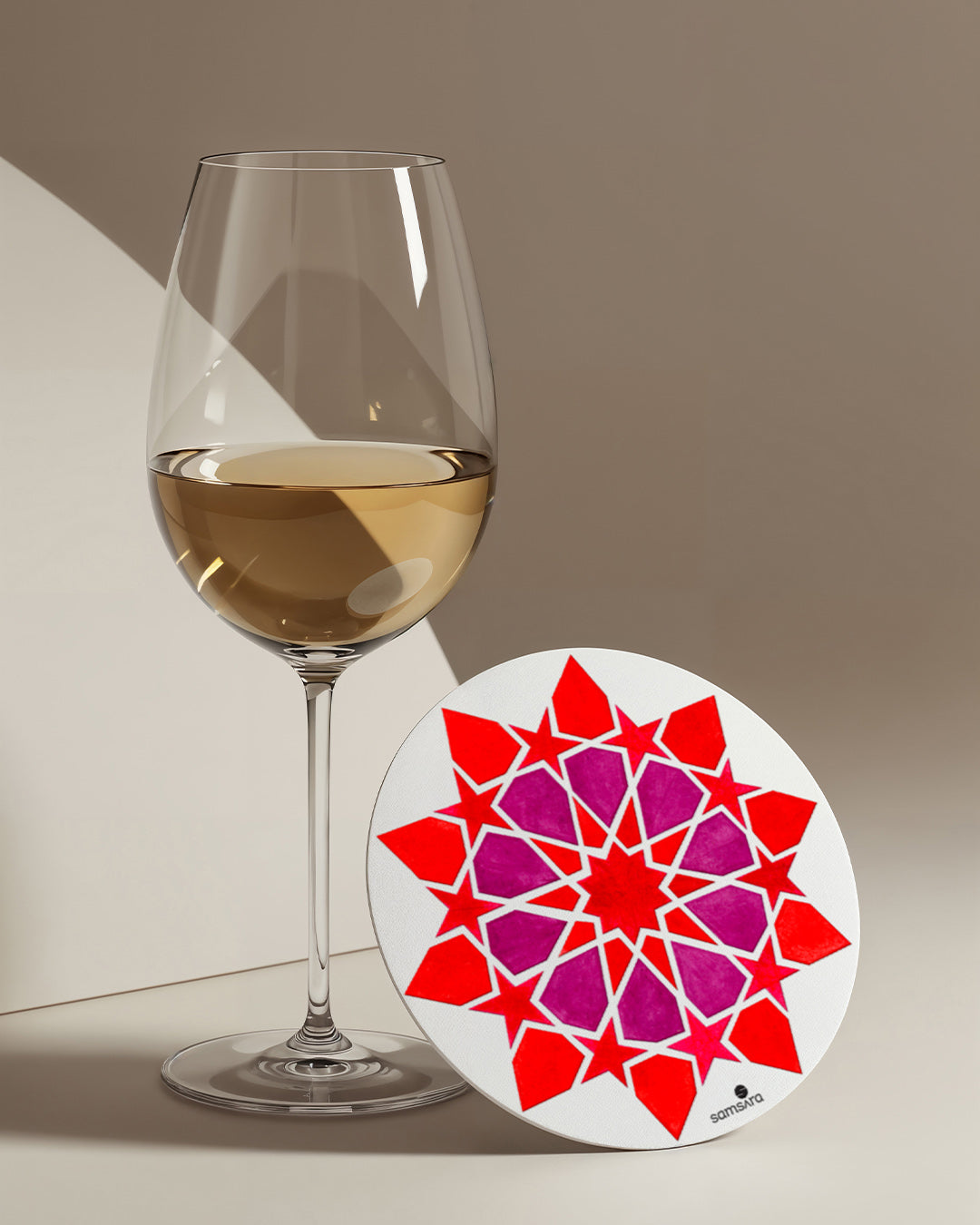 Desert rose geometric coasters set on modern table setting - coral pink mandala home decor