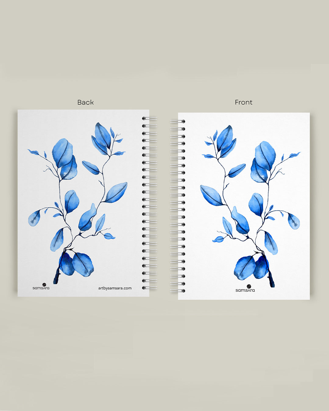 A5 watercolor notebook with blue leaf pattern on white cover - minimalist art journal by Samsara