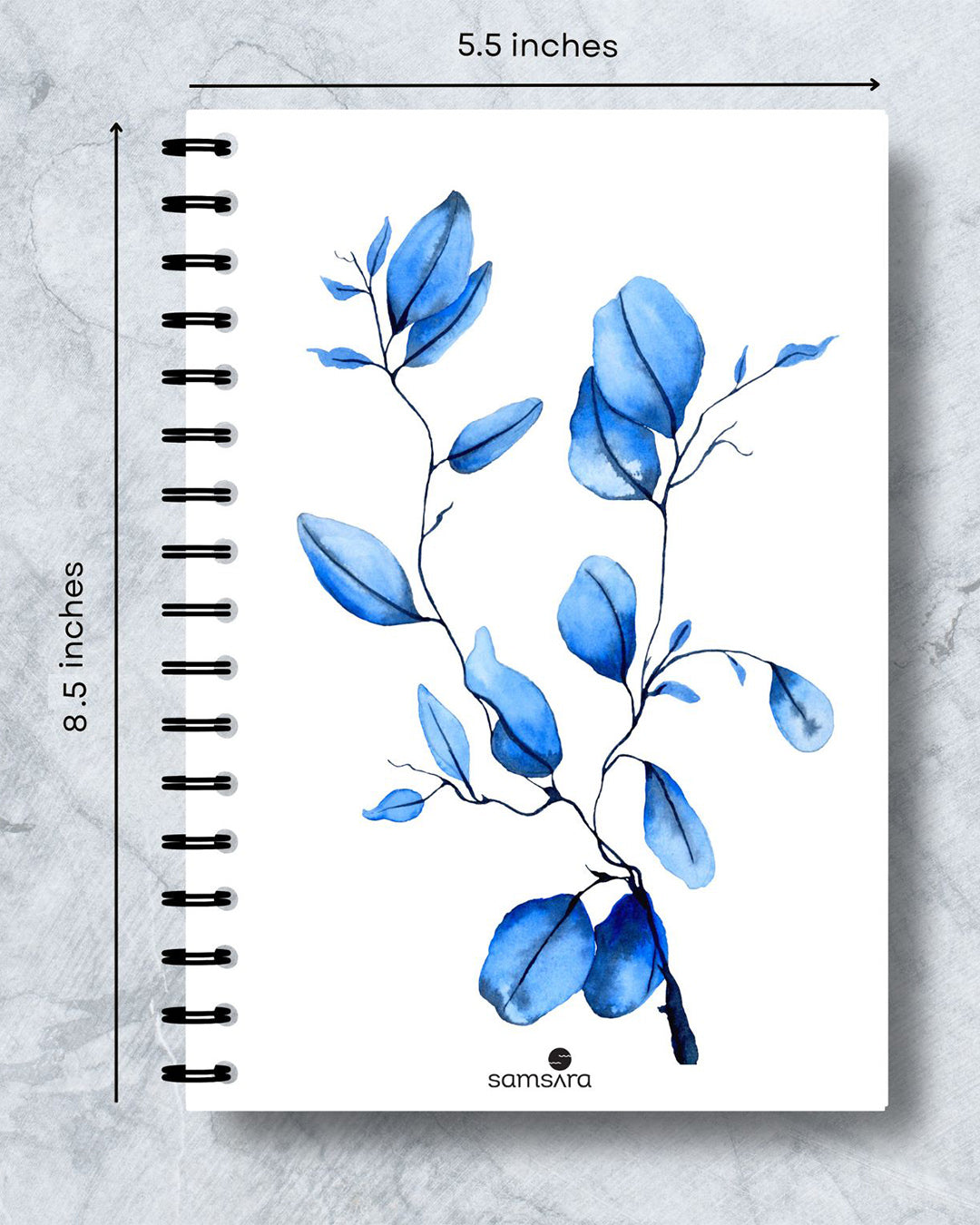 A5 watercolor notebook with blue leaf pattern on white cover - minimalist art journal by Samsara