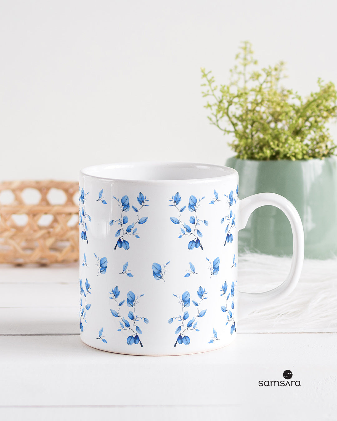 China blue watercolor ceramic mug with abstract brushstroke pattern - mindful art coffee mug by Samsara Mumbai