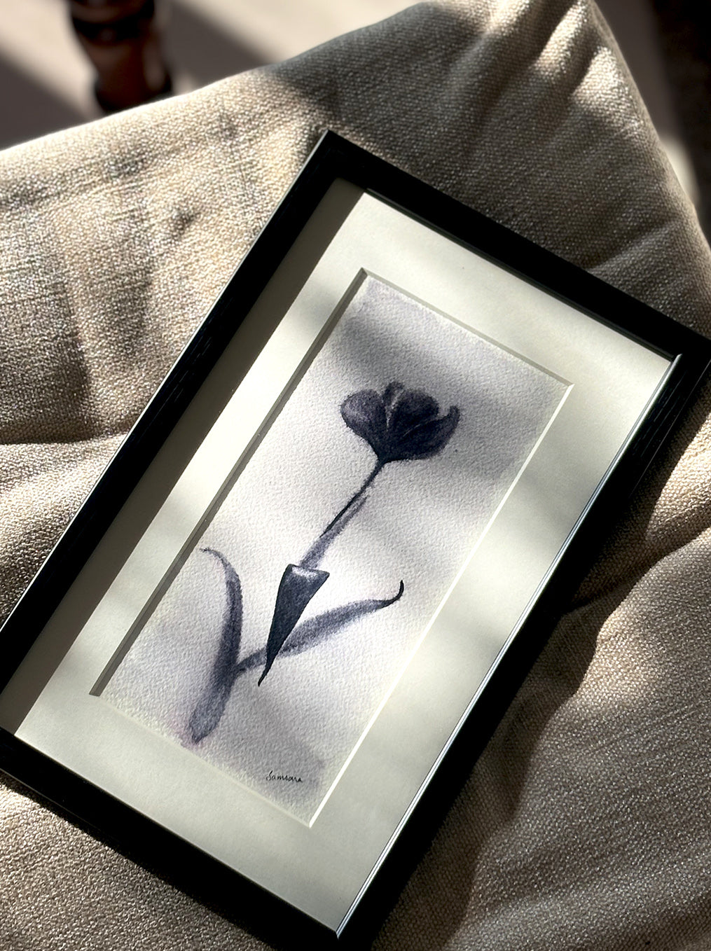 Original framed poppy painting for minimalist decor - monochromatic botanical wall art by Samsara (SOLD OUT)