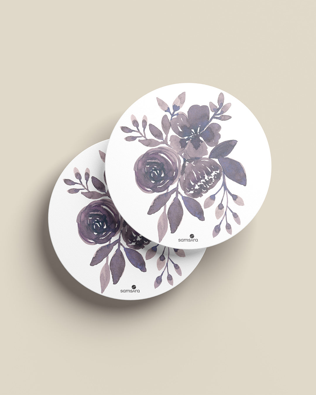 Lavender watercolor floral coasters with botanical purple blooms - minimalist home decor by Samsara