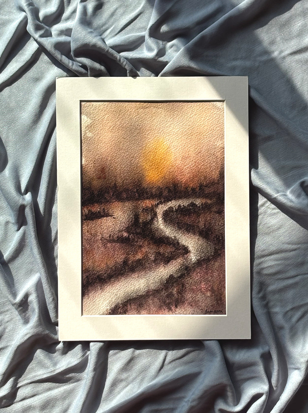 Original abstract watercolor painting in twilight blues - atmospheric meditation art by Samsara