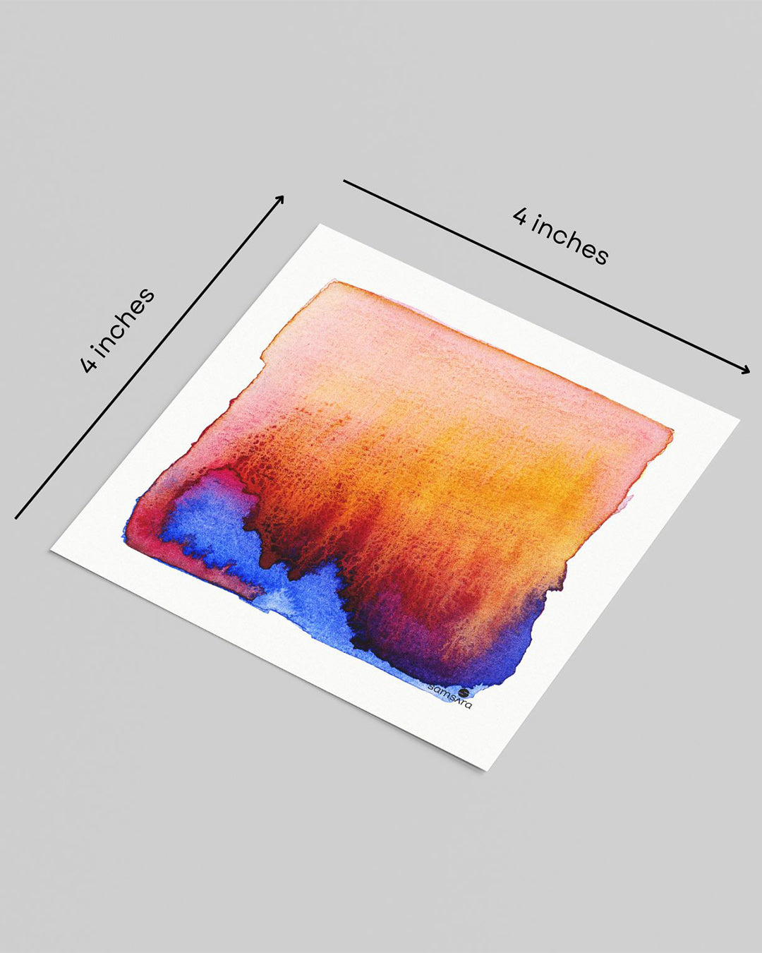 Small watercolor painting with red to blue gradient on gray background with dimensions.