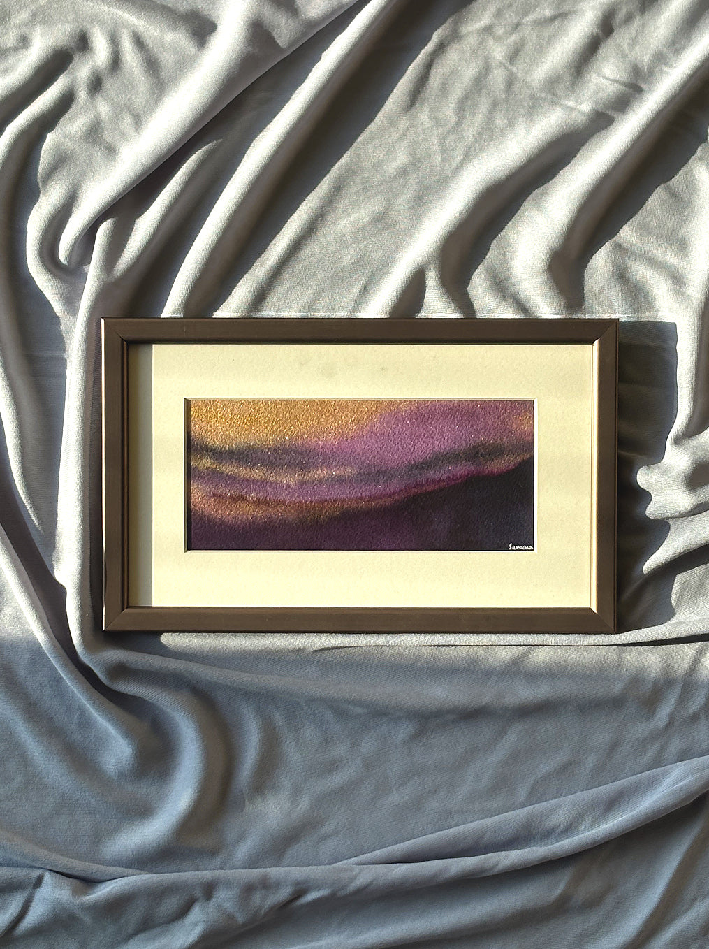 Original framed watercolor painting with purple gold gradient - twilight meditation wall art by Samsara
