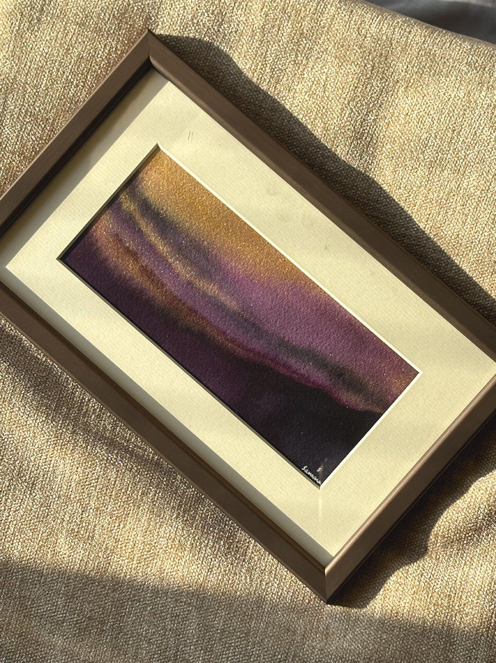 Handpainted gradient watercolor for elegant spaces - purple gold meditation art by Samsara Mumbai