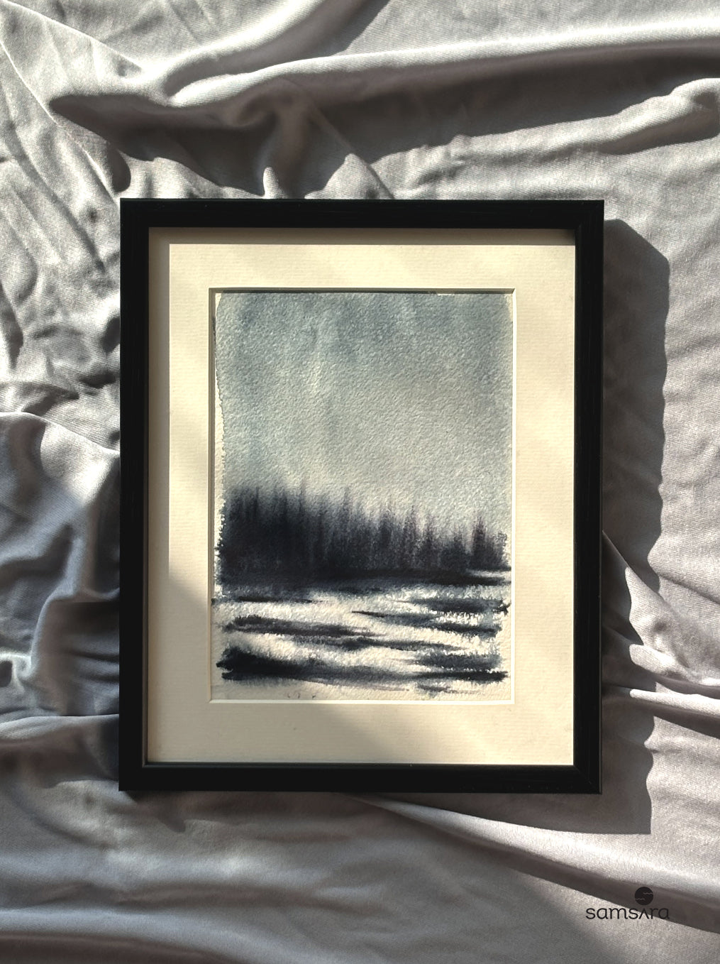 Original framed winter watercolor painting in monochrome - minimalist meditation wall art by Samsara Mumbai