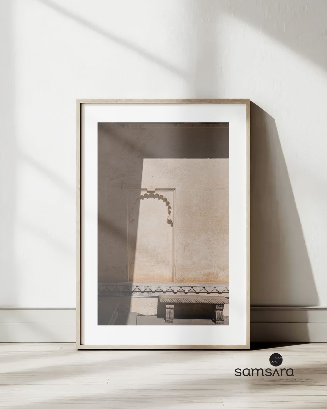 Sepia photography print of carved stone arch with natural lighting - architectural art by Samsara Mumbai