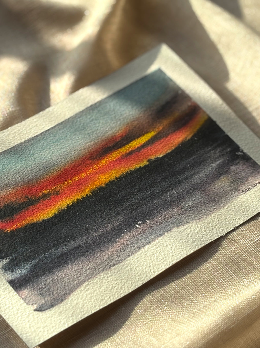 Handpainted sunset watercolor for coastal decor - abstract seascape meditation art by Samsara Mumbai