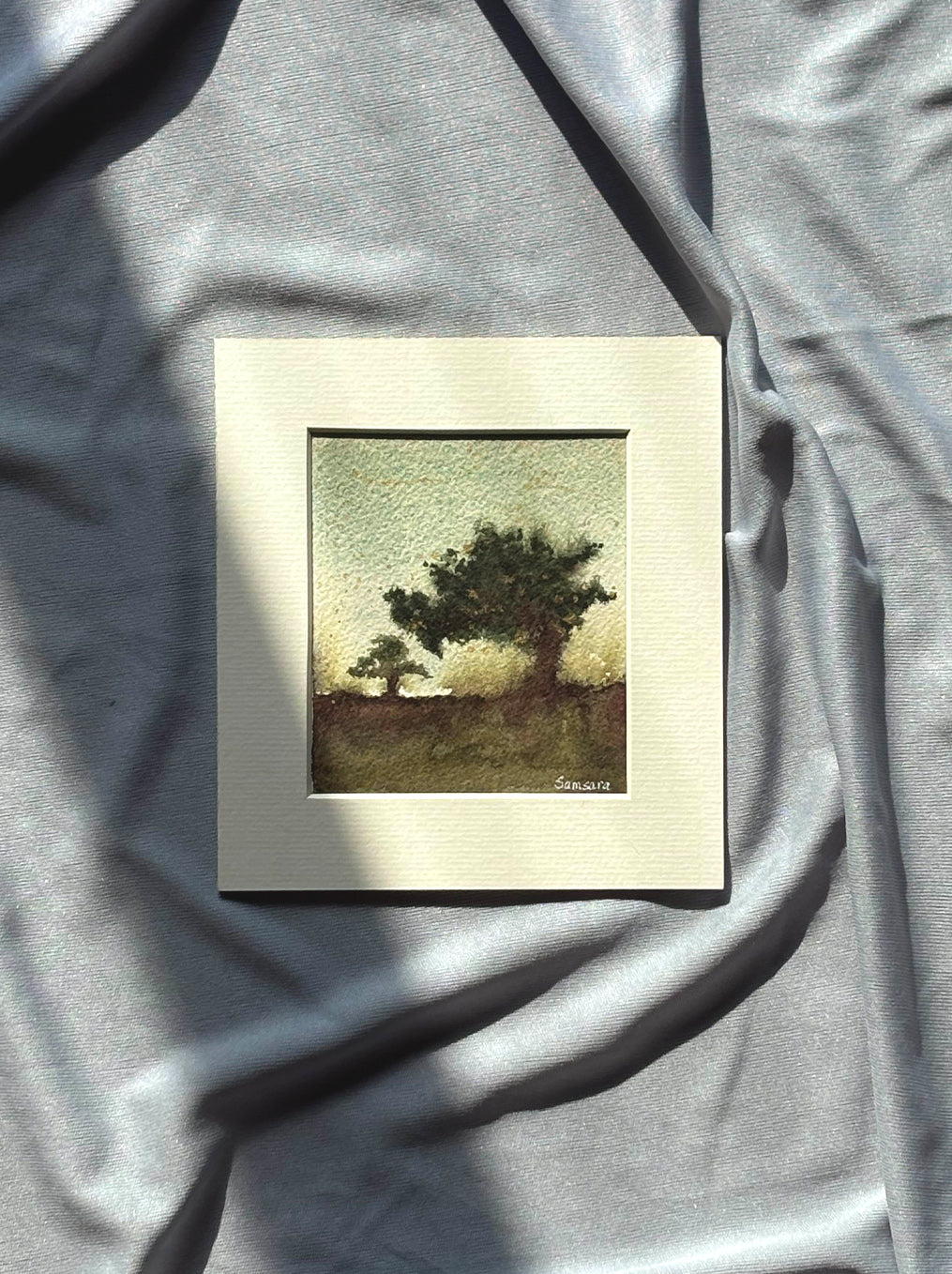 Original green landscape watercolor painting with trees - nature meditation art by Samsara Mumbai