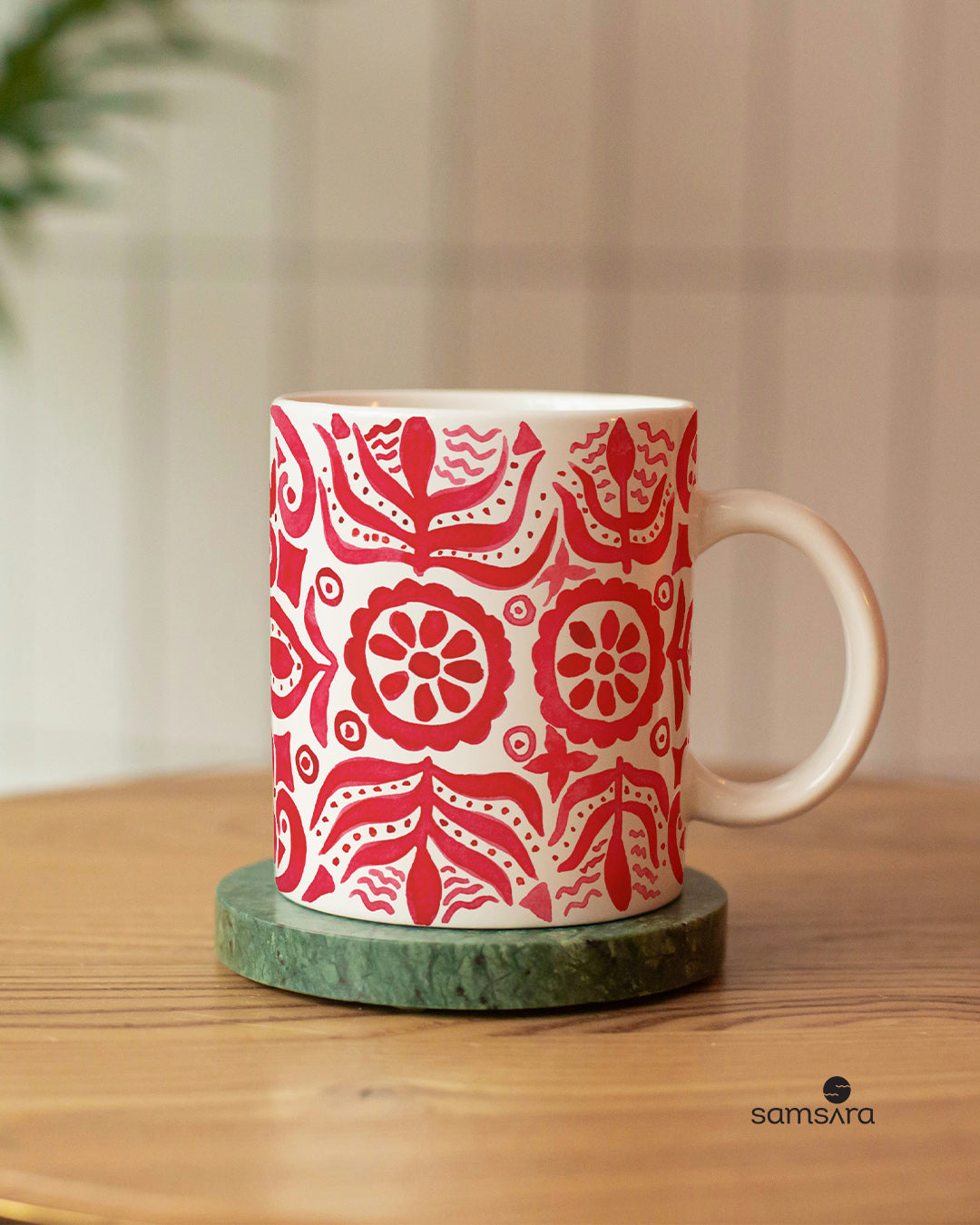 Ruby red watercolor ceramic mug with tribal pattern design - ethnic art coffee mug by Samsara Mumbai