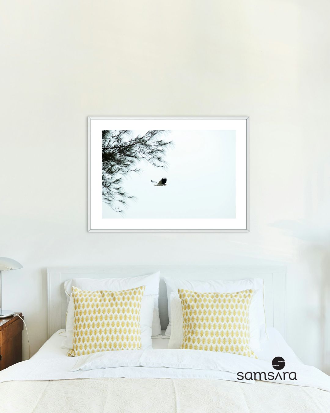 Minimalist wildlife photography print with soaring bird - monochrome wall art by Samsara Mumbai