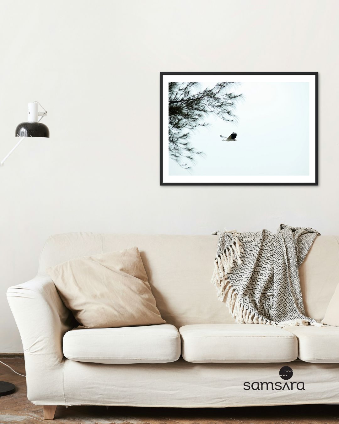 Black white photography print of sea eagle in flight over trees - wildlife art print by Samsara
