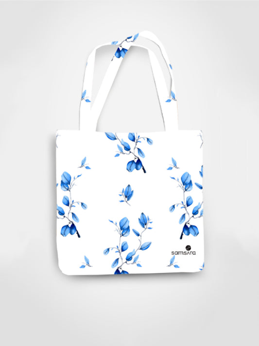Cotton tote bag with blue botanical leaves all-over print - nature watercolor art bag by Samsara