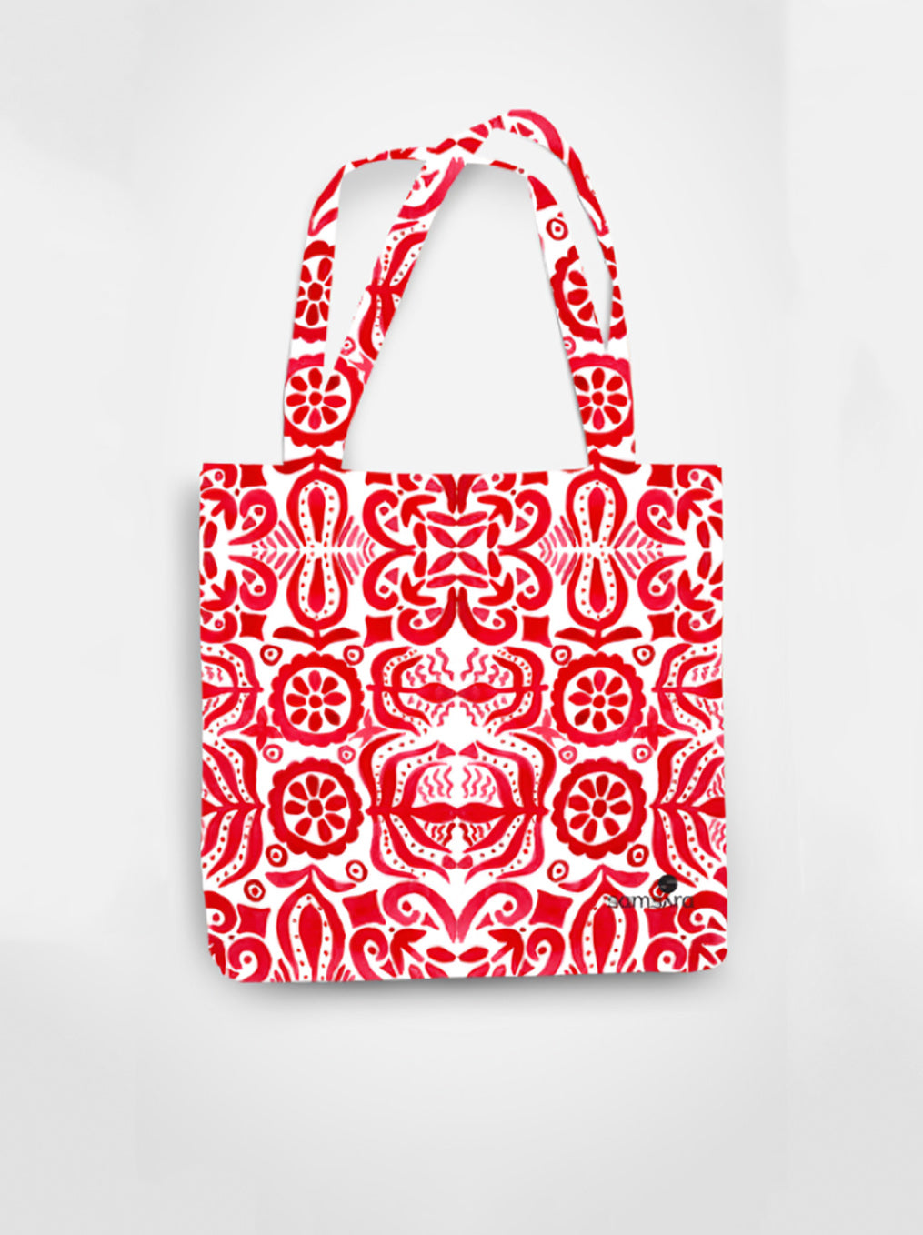 Cotton tote bag with red tribal watercolor pattern all-over print - ethnic art bag by Samsara Mumbai