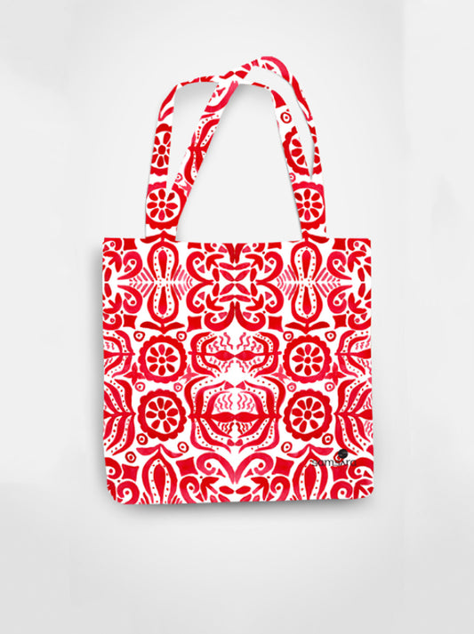 Cotton tote bag with red tribal watercolor pattern all-over print - ethnic art bag by Samsara Mumbai