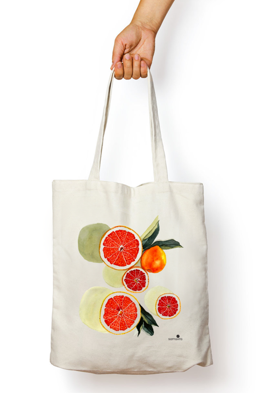 Cotton tote bag with watercolor blood orange citrus design - fruit art bag by Samsara Mumbai