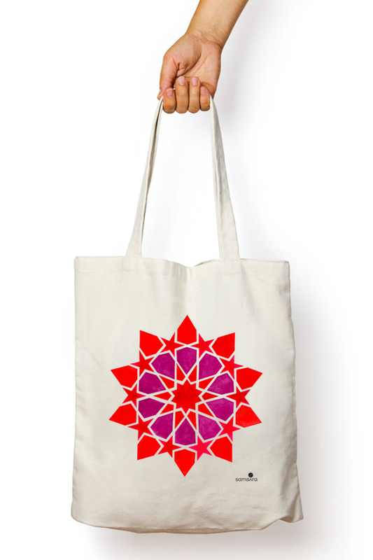 Cotton tote bag with coral pink geometric mandala watercolor pattern - sacred geometry art bag by Samsara