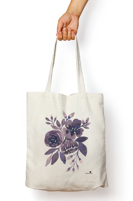 Cotton tote bag with blue violet botanical watercolor pattern - floral art bag by Samsara Mumbai
