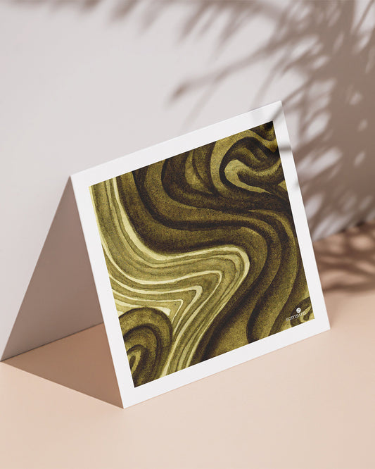 A Giclée mini art print titled Earthline, featuring swirling patterns of green and brown, presented on a neutral background.