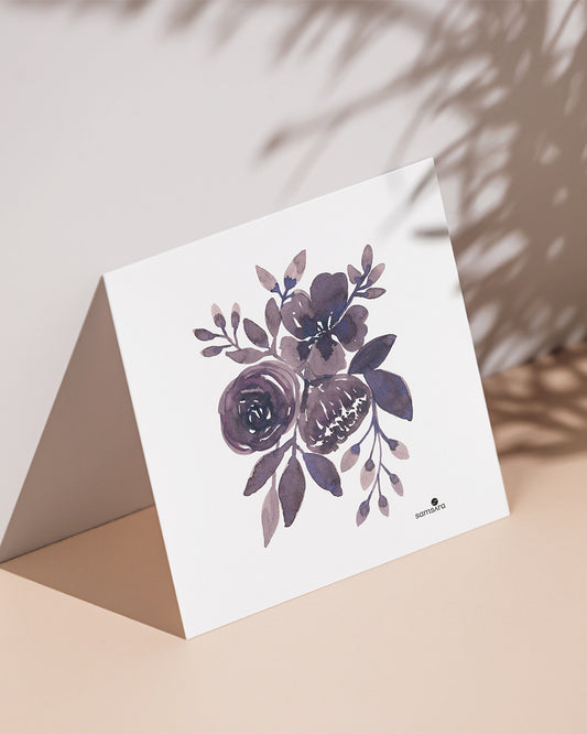 A mini art print with a monochrome floral design in shades of purple and gray, displayed on a light background.