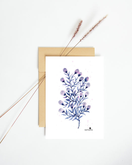 Purple pink watercolor art print with delicate floral stems - serene botanical wall art by Samsara