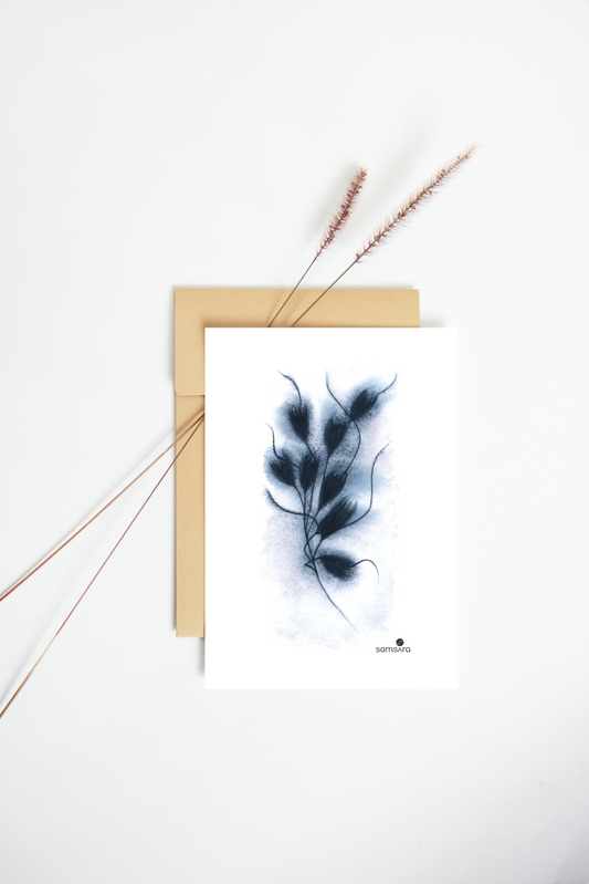 Dark blue botanical watercolor art print with flowing stems - tranquil wall art by Samsara
