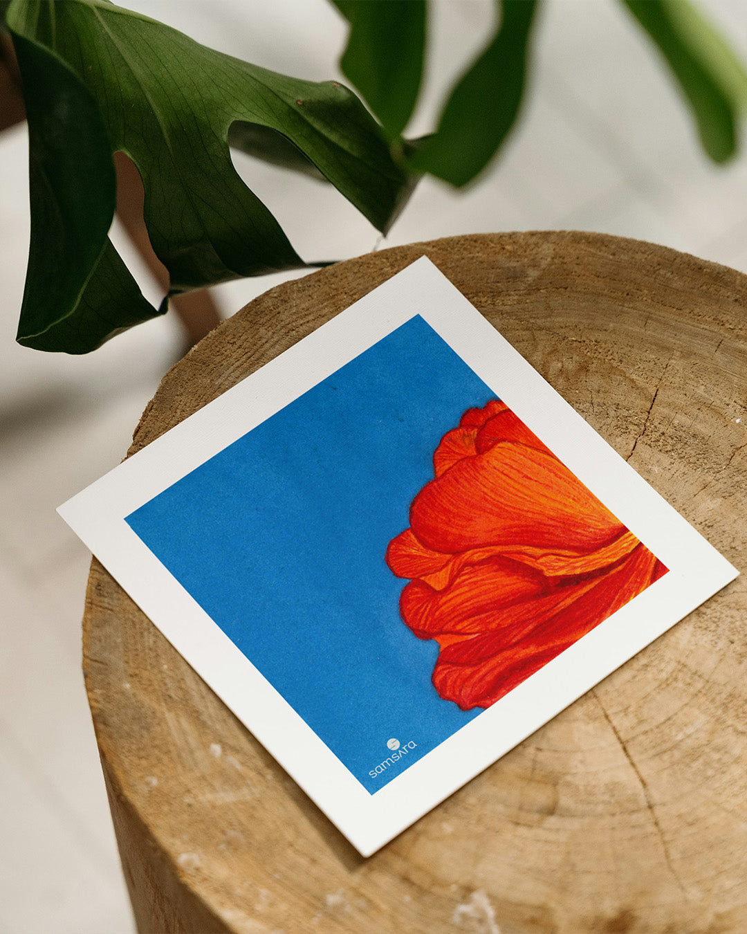 Orange red flower watercolor art print on blue background - bold botanical wall art by Samsara