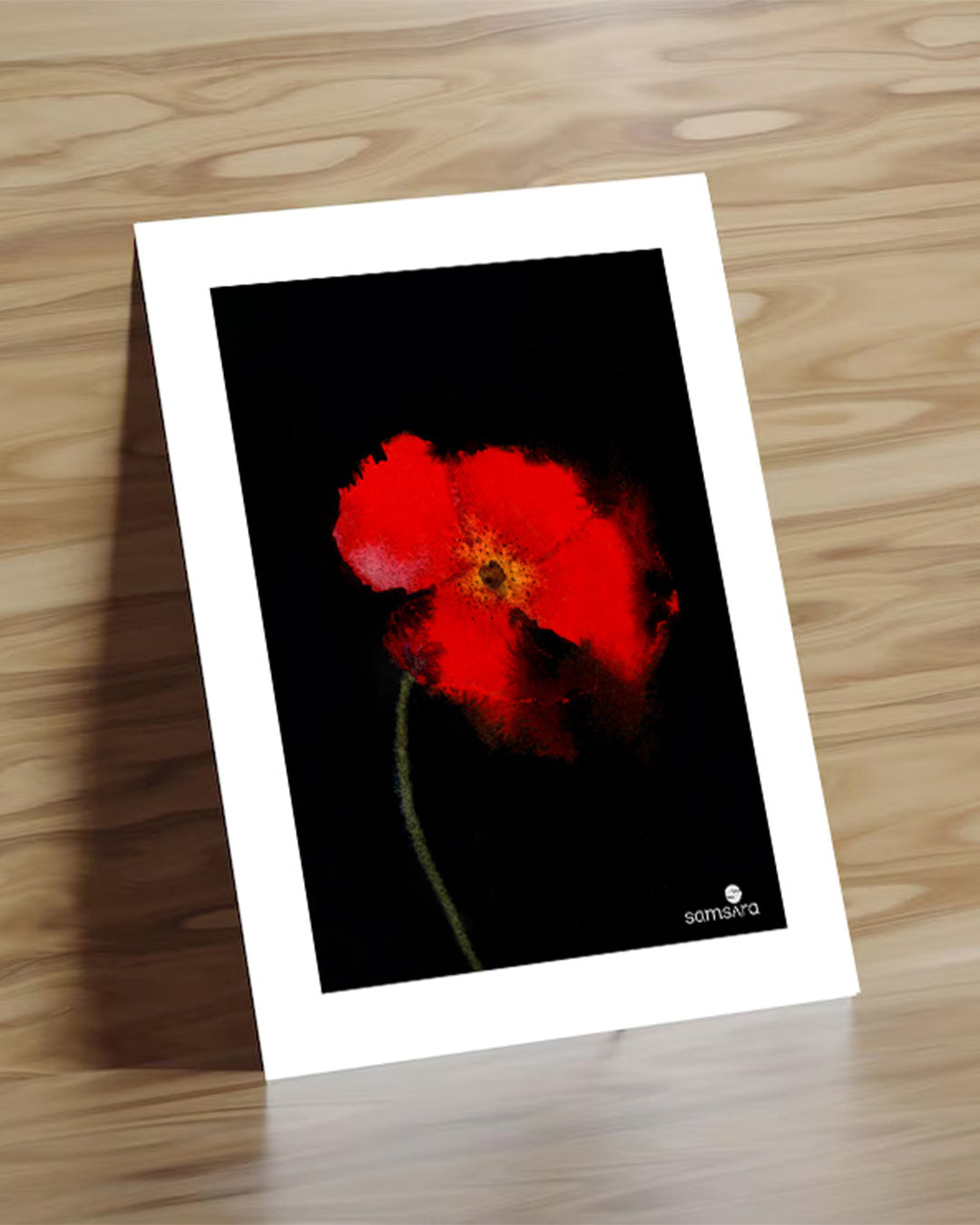 Red poppy flower watercolor art print on black background - dramatic botanical wall art by Samsara