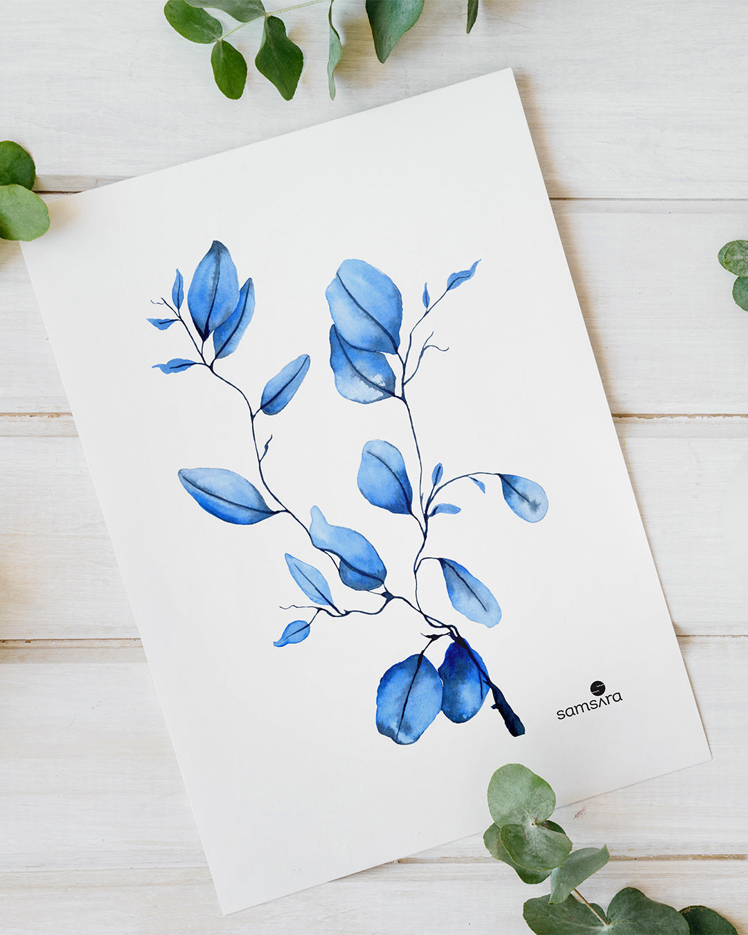 Minimalist blue leaf art print for wellness spaces - peaceful botanical decor by Samsara Mumbai