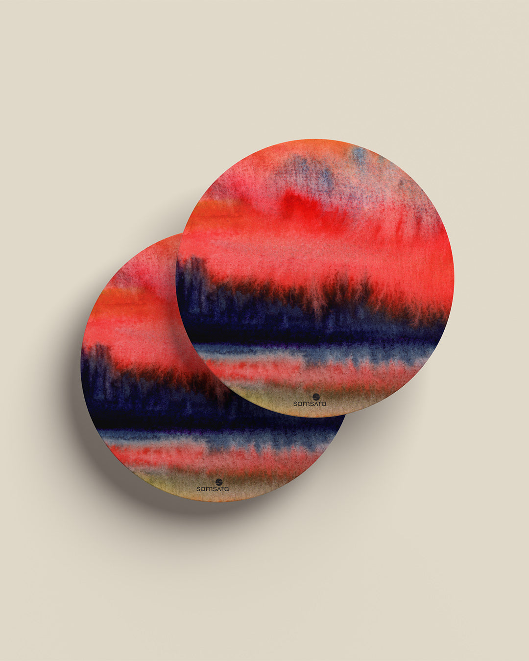 Watercolor art coasters with crimson indigo sunset horizon design - abstract nature home decor by Samsara