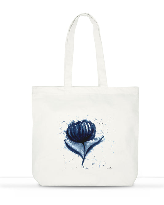 Large white cotton tote bag with indigo floral watercolor design - botanical art bag by Samsara Mumbai