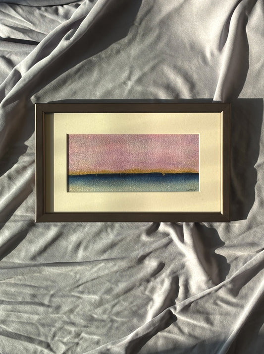 Original framed watercolor painting of sunset horizon - minimalist meditation wall art by Samsara Mumbai