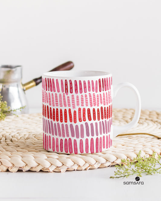 White ceramic mug featuring pink raspberry watercolor brushstrokes pattern - artistic coffee mug by Samsara
