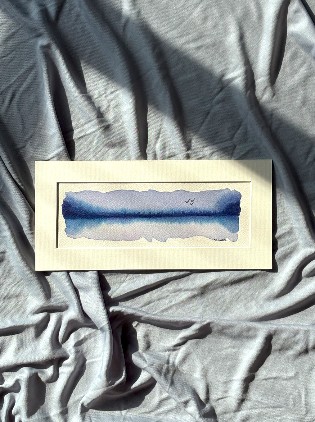 Original minimalist blue painting for meditation space - serene abstract watercolor by Samsara Mumbai