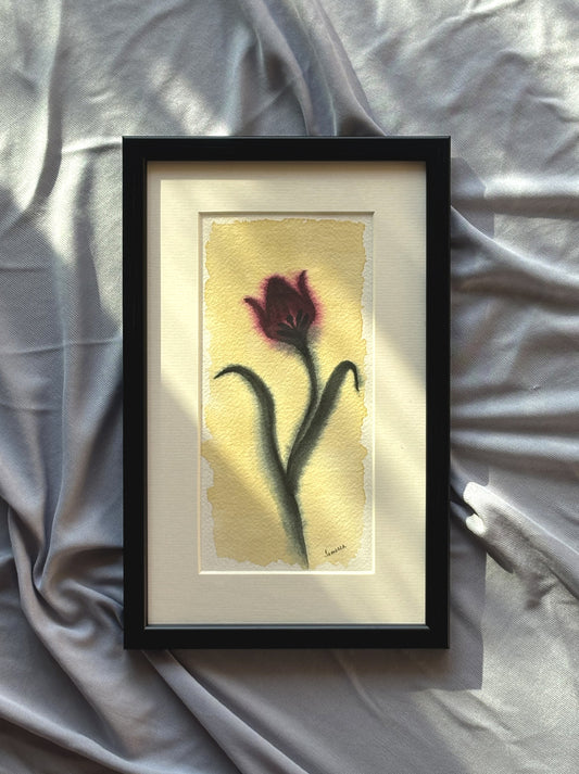 Original framed watercolor painting of burgundy tulip - botanical meditation wall art by Samsara Mumbai (SOLD OUT)
